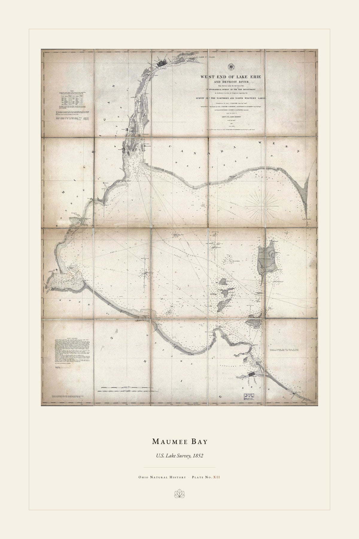 Maumee Bay & River Chart — restored antique survey chart on cream. Ohio Natural History Series, Plate No. XII.