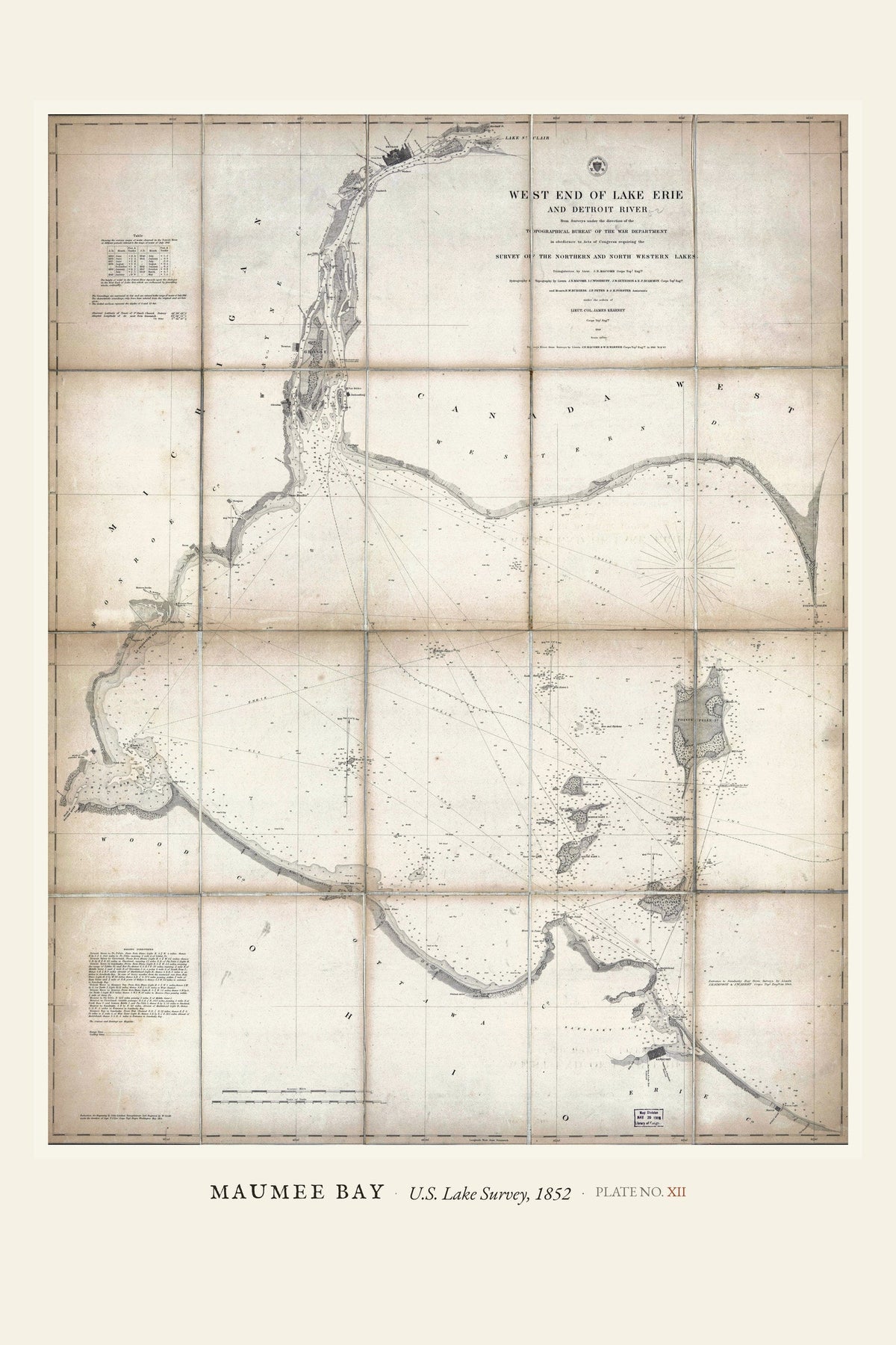 Maumee Bay & River Chart — restored antique survey chart on cream. Ohio Natural History Series, Plate No. XII.