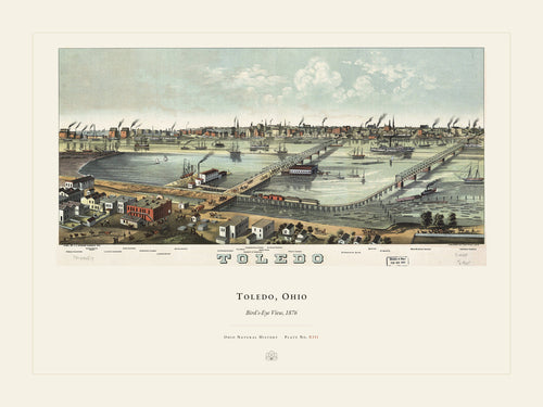 Bird’s-Eye View of Toledo — restored antique panoramic map on cream. Ohio Natural History Series, Plate No. XIII.