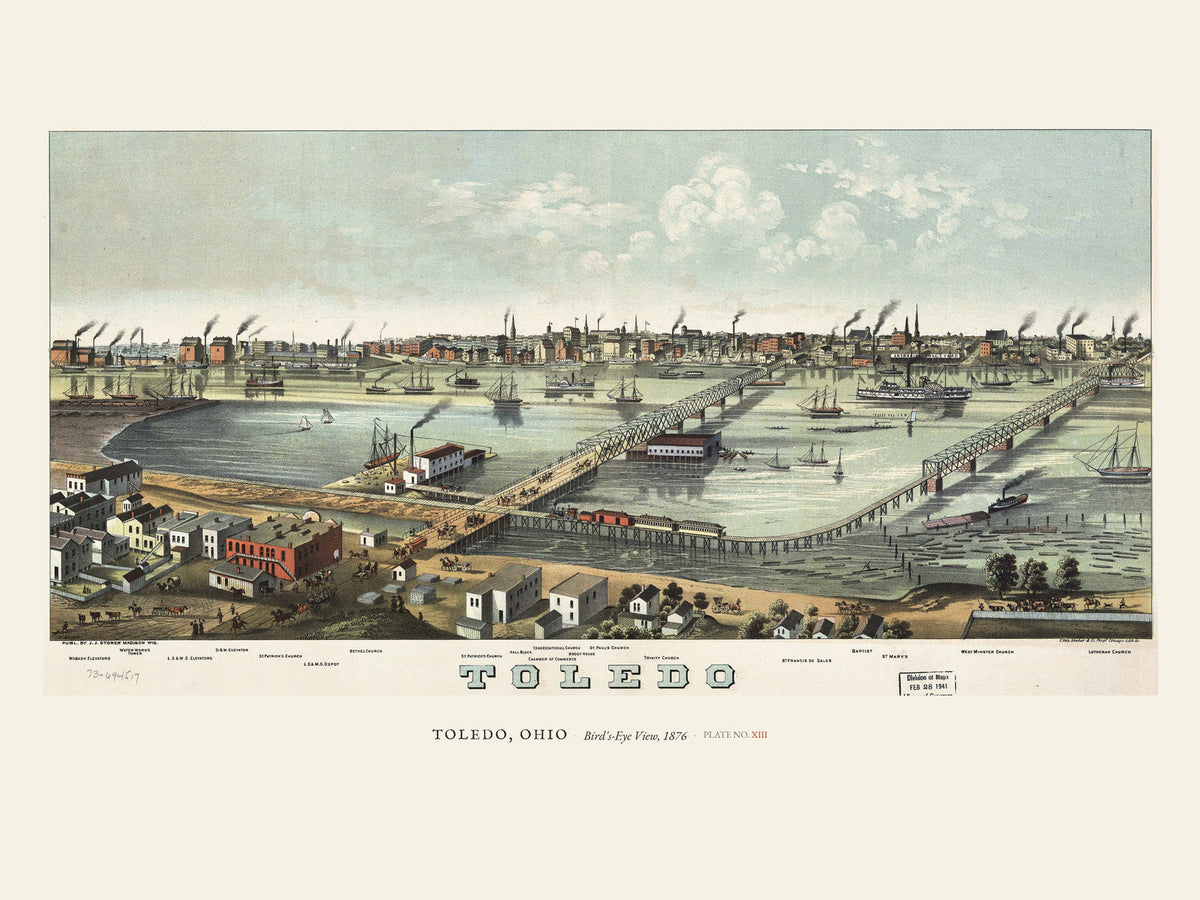 Bird’s-Eye View of Toledo — restored antique panoramic map on cream. Ohio Natural History Series, Plate No. XIII.