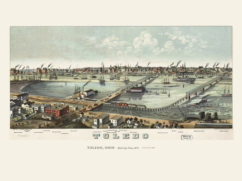 Bird’s-Eye View of Toledo — restored antique panoramic map on cream. Ohio Natural History Series, Plate No. XIII.