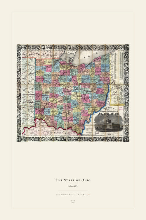 Antique Map of Ohio — restored antique state map on cream. Ohio Natural History Series, Plate No. XIV.