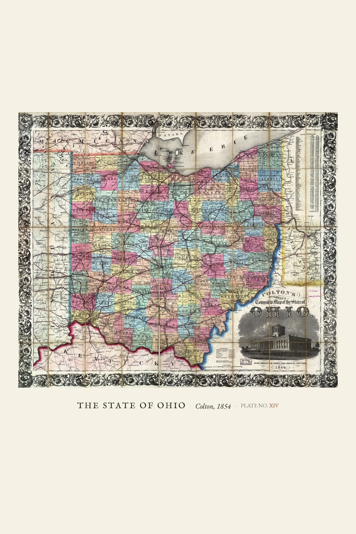 Antique Map of Ohio — restored antique state map on cream. Ohio Natural History Series, Plate No. XIV.