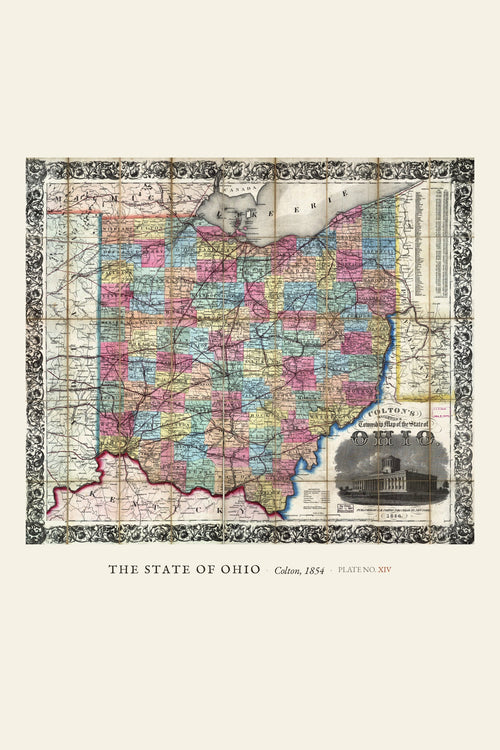 Antique Map of Ohio — restored antique state map on cream. Ohio Natural History Series, Plate No. XIV.
