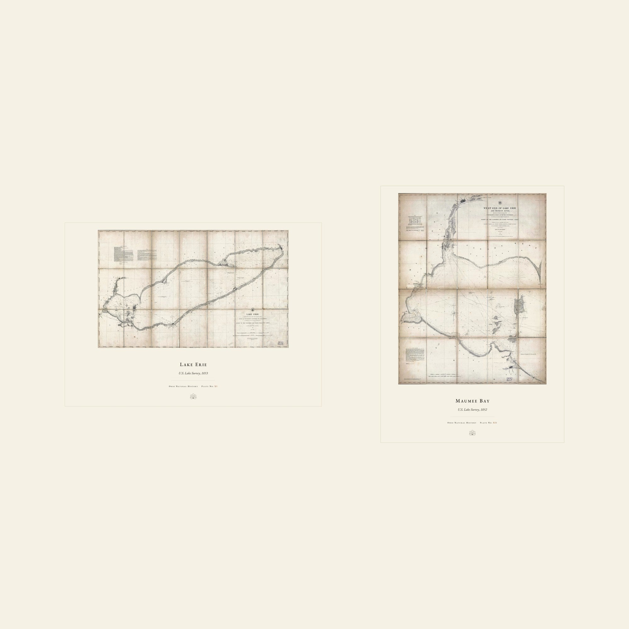 The Erie Chart Pair — Lake Erie Nautical Chart (24″×18″, landscape) and Maumee Bay & River Chart (18″×24″), shown together.